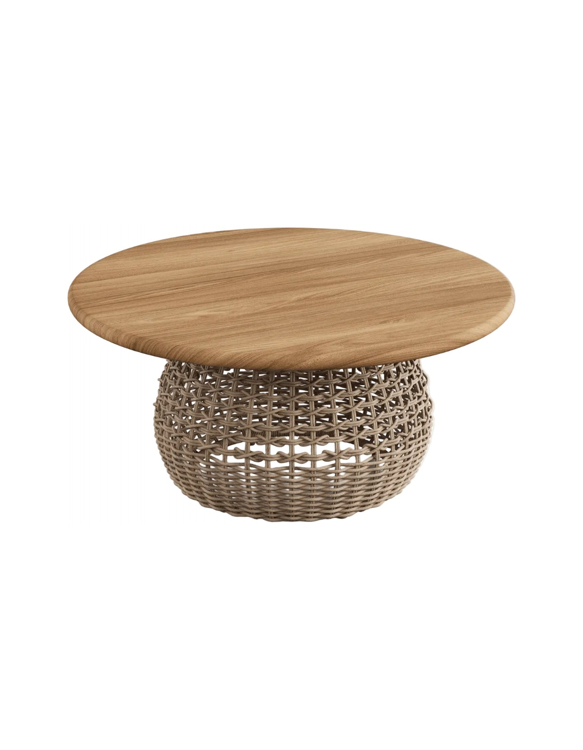 Bicheno Coffee Table in Honey Teak and Safari – round teak top on a woven rope base