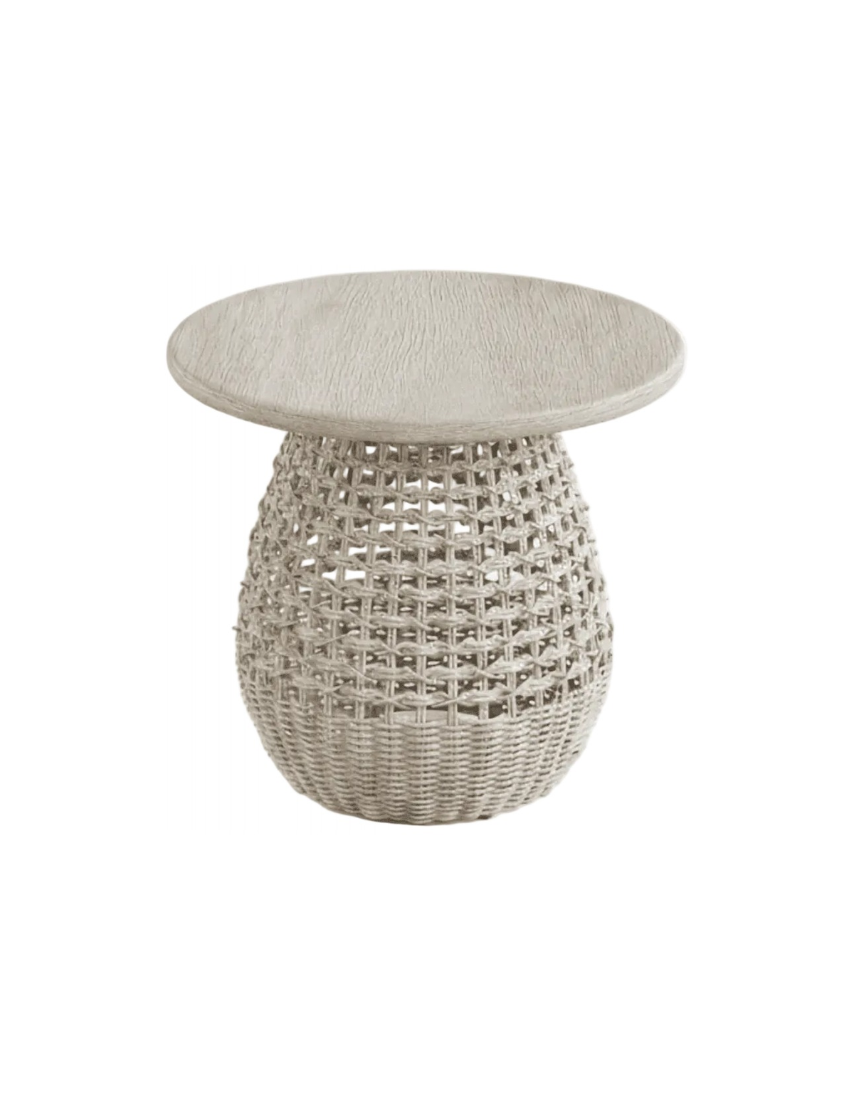 Bicheno Side Table in Aged Teak and White Shell – round teak top on a woven rope base