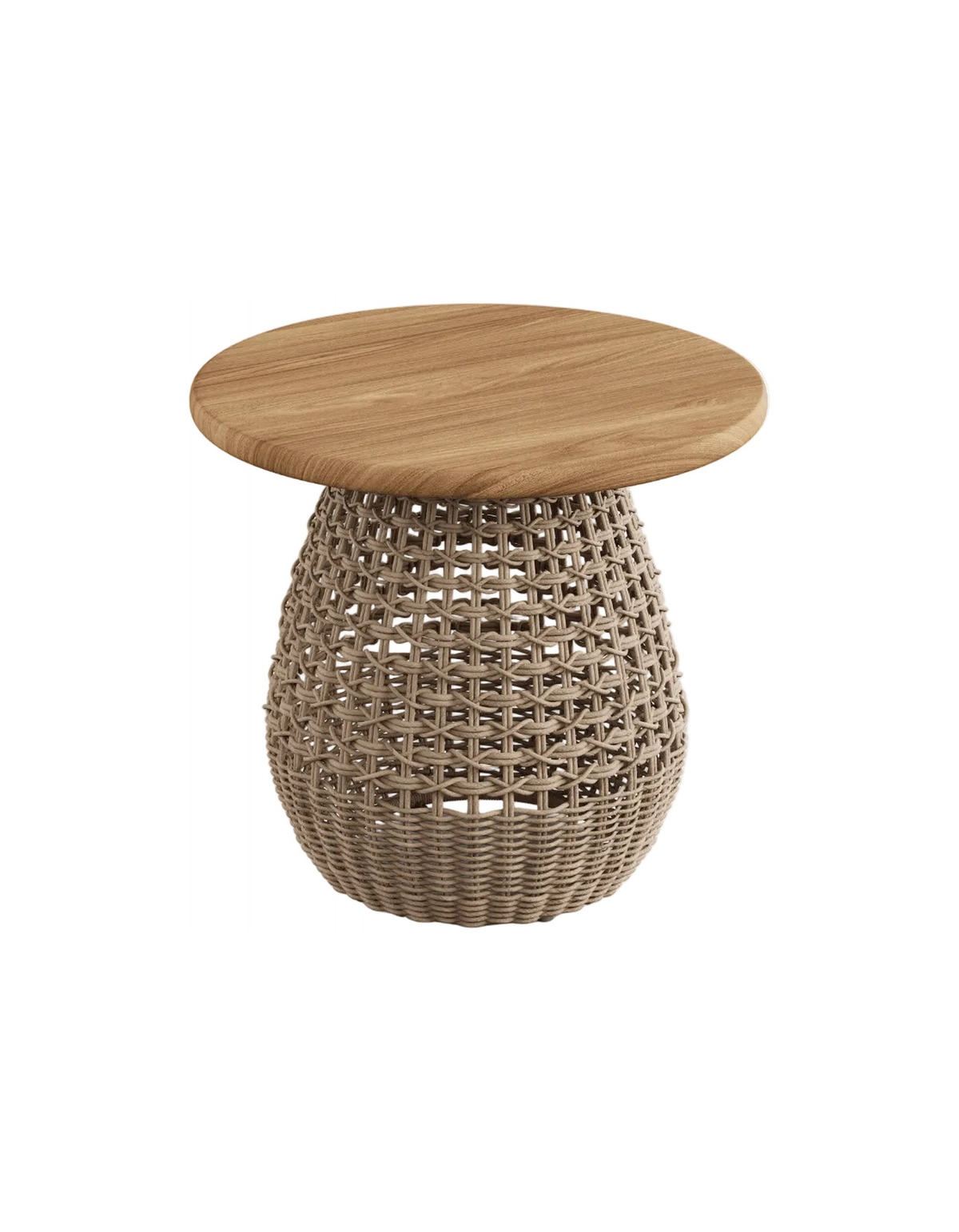 Bicheno Side Table in Honey Teak and Safari – round teak top on a woven rope base