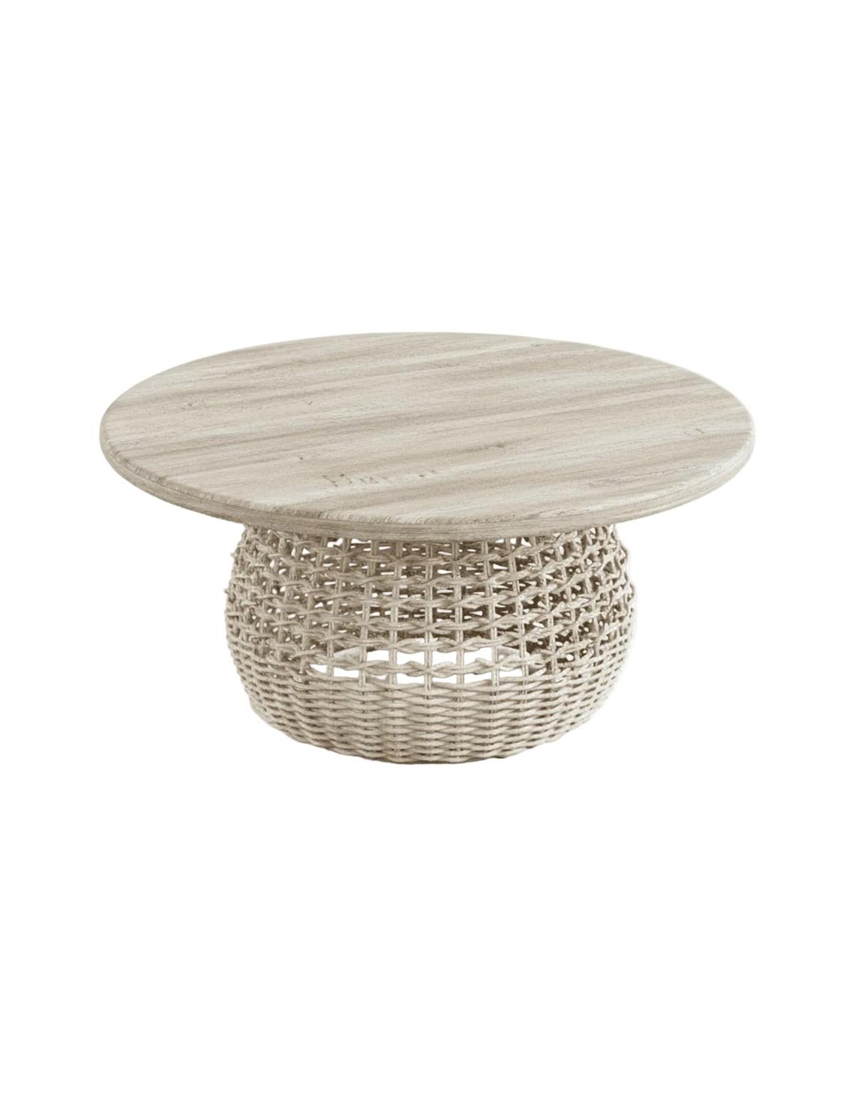 Bicheno Coffee Table in Aged Teak and White Shell – round teak top on a woven rope base