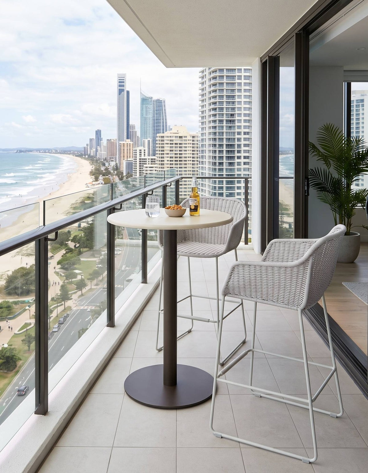 Byron Round Bar Table 80cm in Limestone on a beachfront apartment balcony with two woven outdoor bar stools