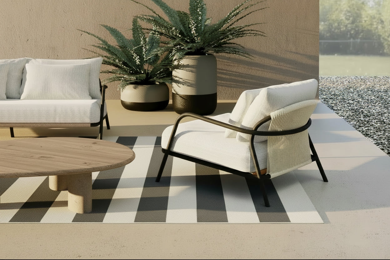 Outdoor patio with modern furniture, plants, and a view of water.