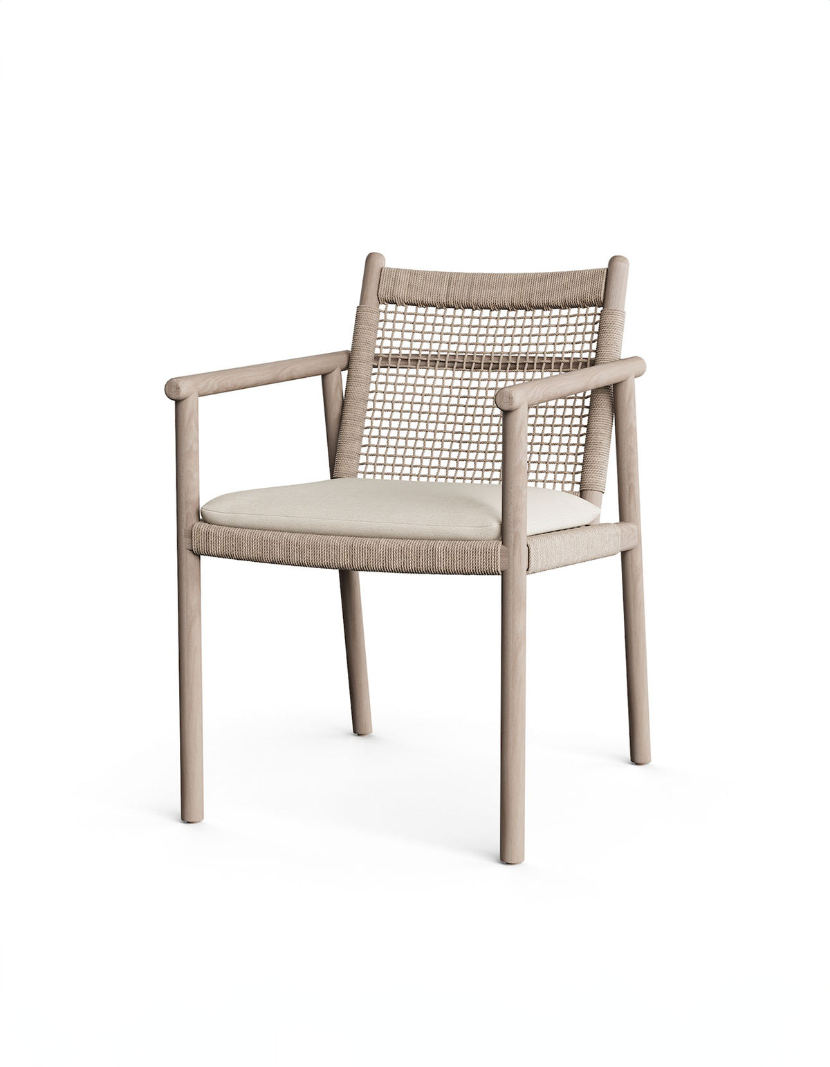 Bicheno Dining Chair in Aged Teak with Sand rope and seat cushion, angled front view