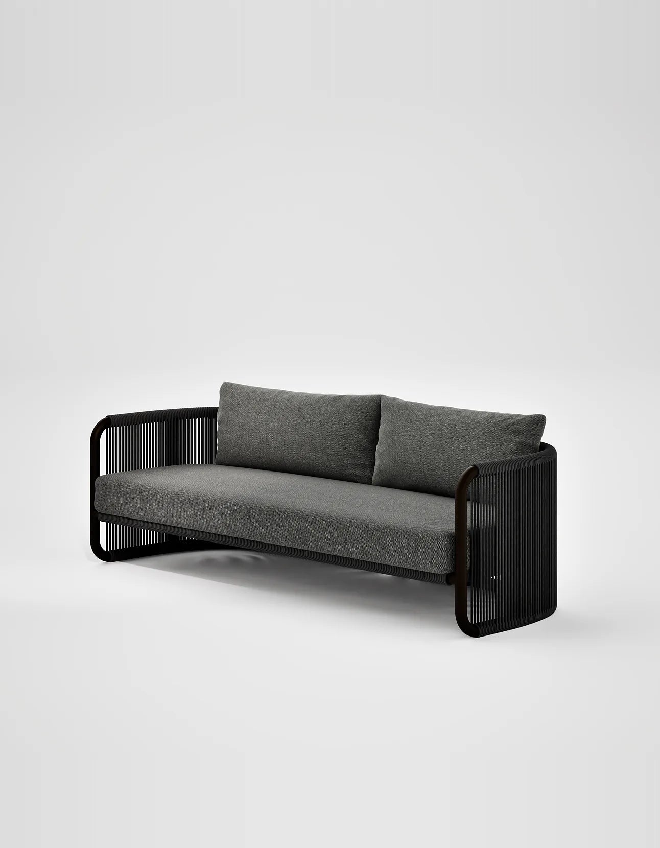 Capri 3 Seat Sofa in Dark Earth, rope and aluminium, angled front view