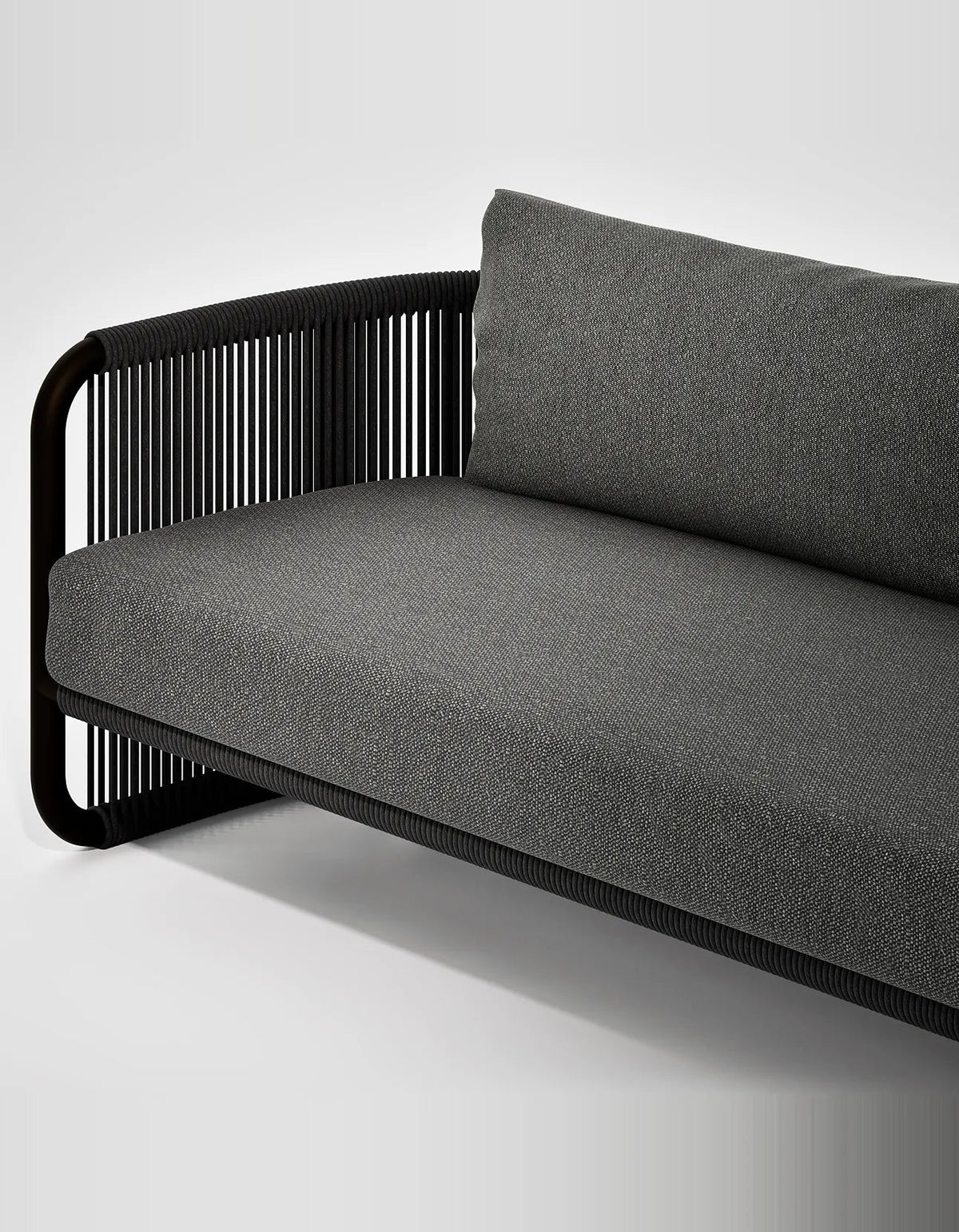 Capri 3 Seat Sofa in Dark Earth, rope and aluminium, front detail