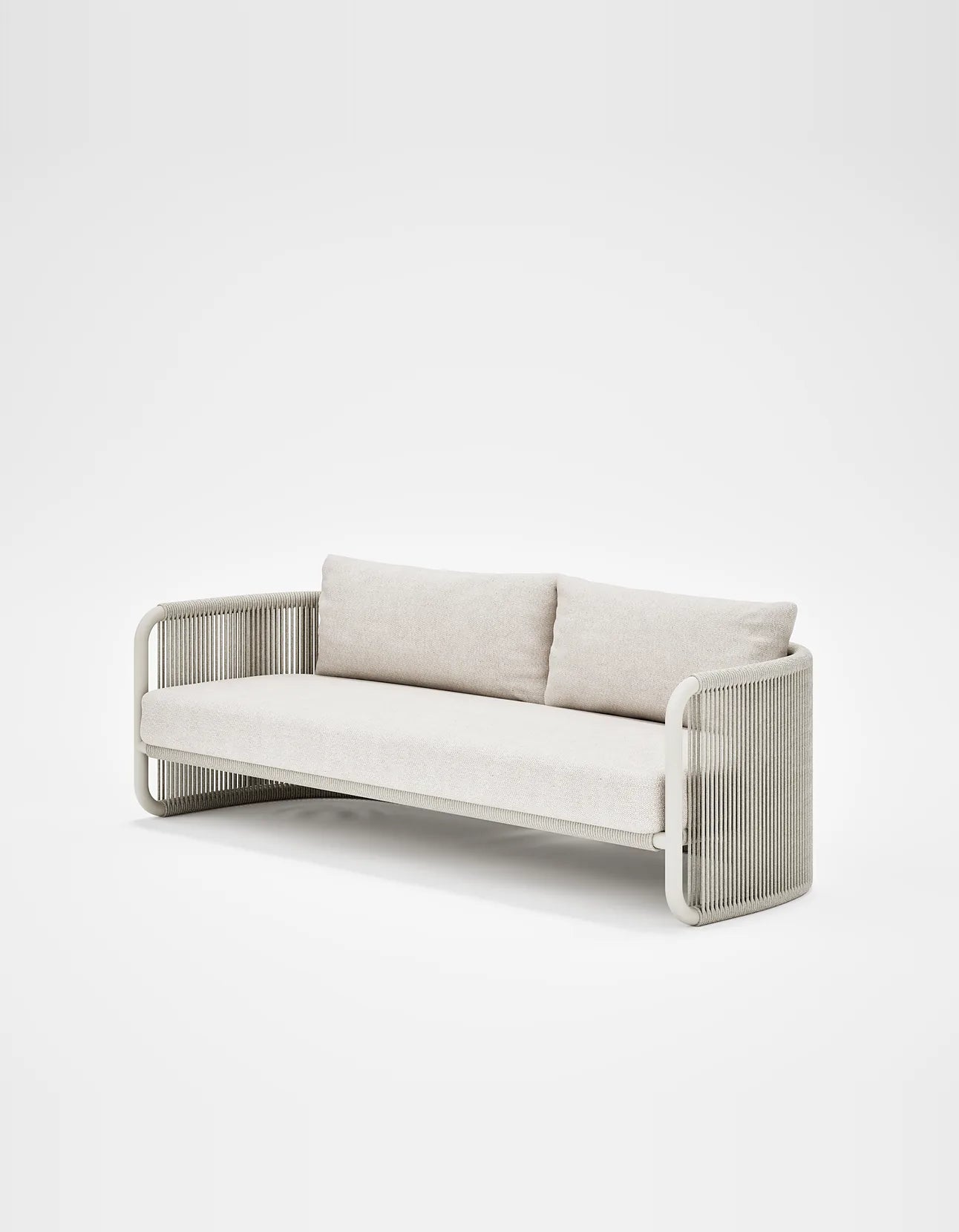 Capri 3 Seat Sofa in Dove Grey, rope and aluminium, angled front view