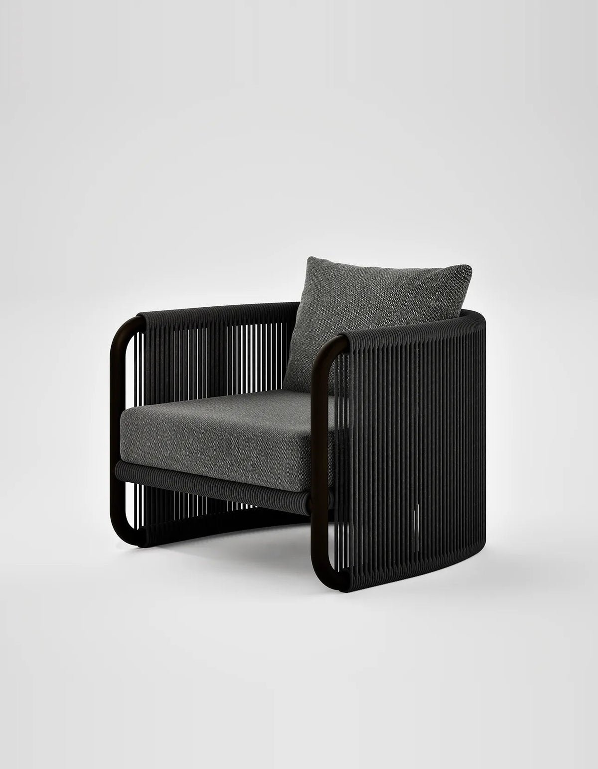 Capri Lounge Chair in Dark Earth, rope and aluminium, angled front view