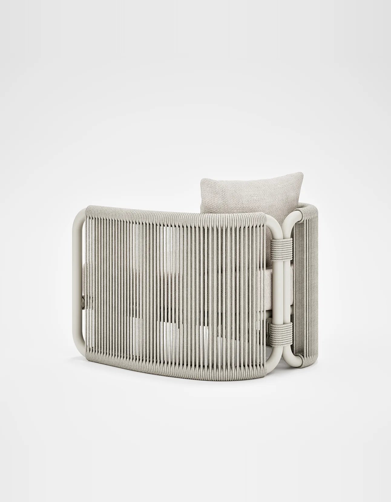 Capri Lounge Chair in Dove Grey, rope and aluminium, angled back view
