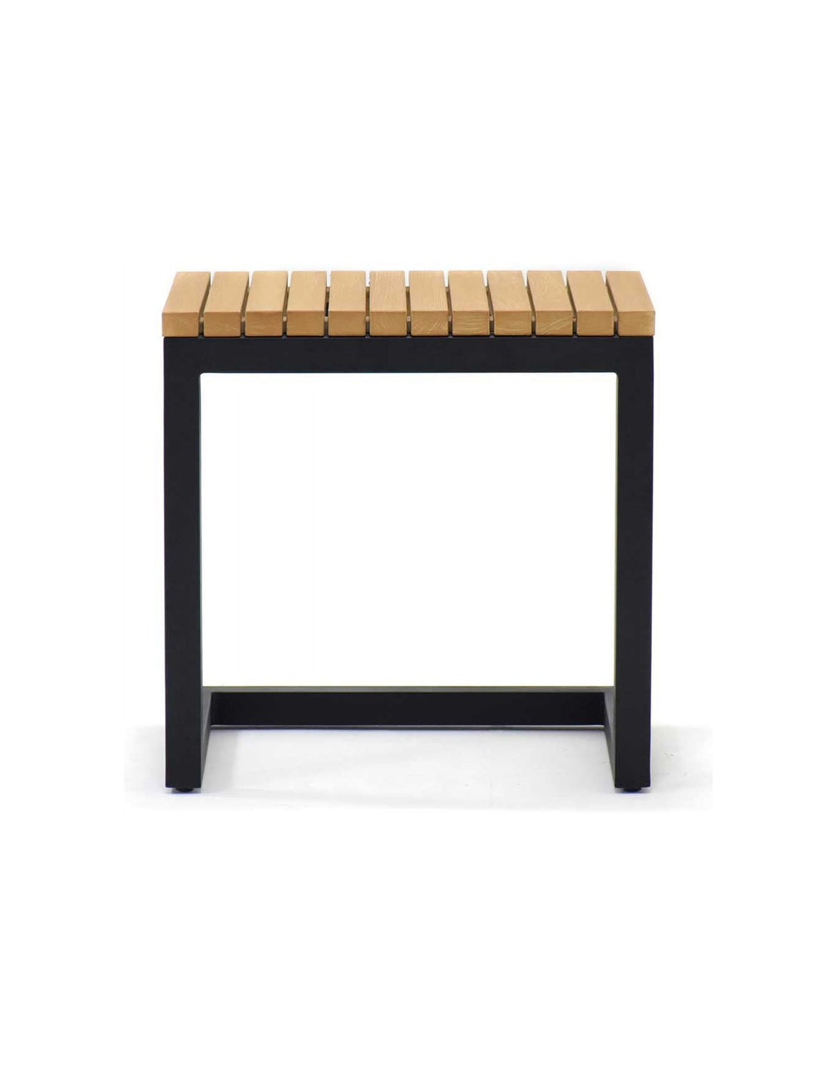 Elwood Sofa Table with a teak top on a black aluminium base