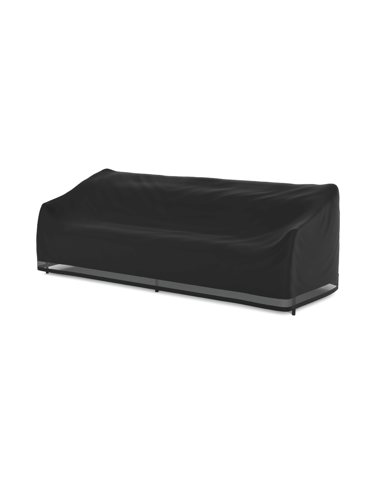 A black outdoor sofa cover fitted over a modern low-profile sofa, shown against a plain white background.