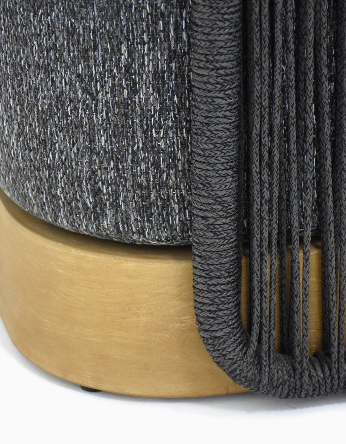 Merricks Swivel Lounge Chair in charcoal, close-up of the rope wrap and teak base