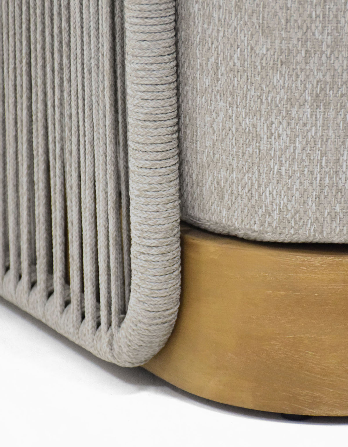 Merricks Swivel Lounge Chair in light grey, close-up of the rope wrap and teak base