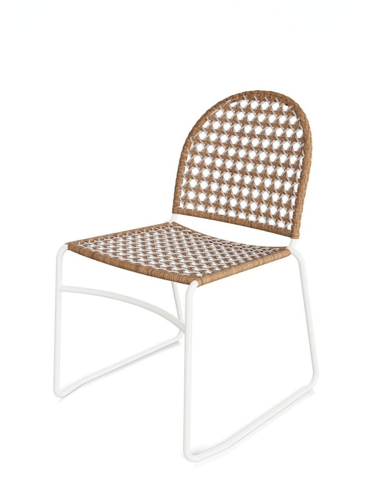Mollymook Dining Chair in Linen – armless woven outdoor dining chair with a white frame, angled view