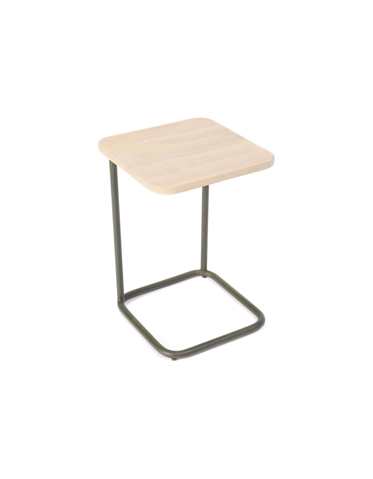 Ningaloo Sofa Table in Forest Green, C-shaped side table with an Aged Teak top