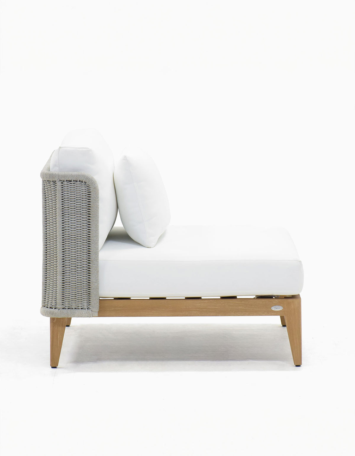 Noosa Lounge Chair with light grey rope and white cushions, angled view