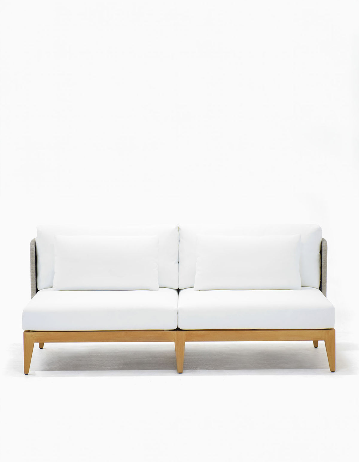 Noosa Sofa with light grey rope and white cushions on a teak base, front view