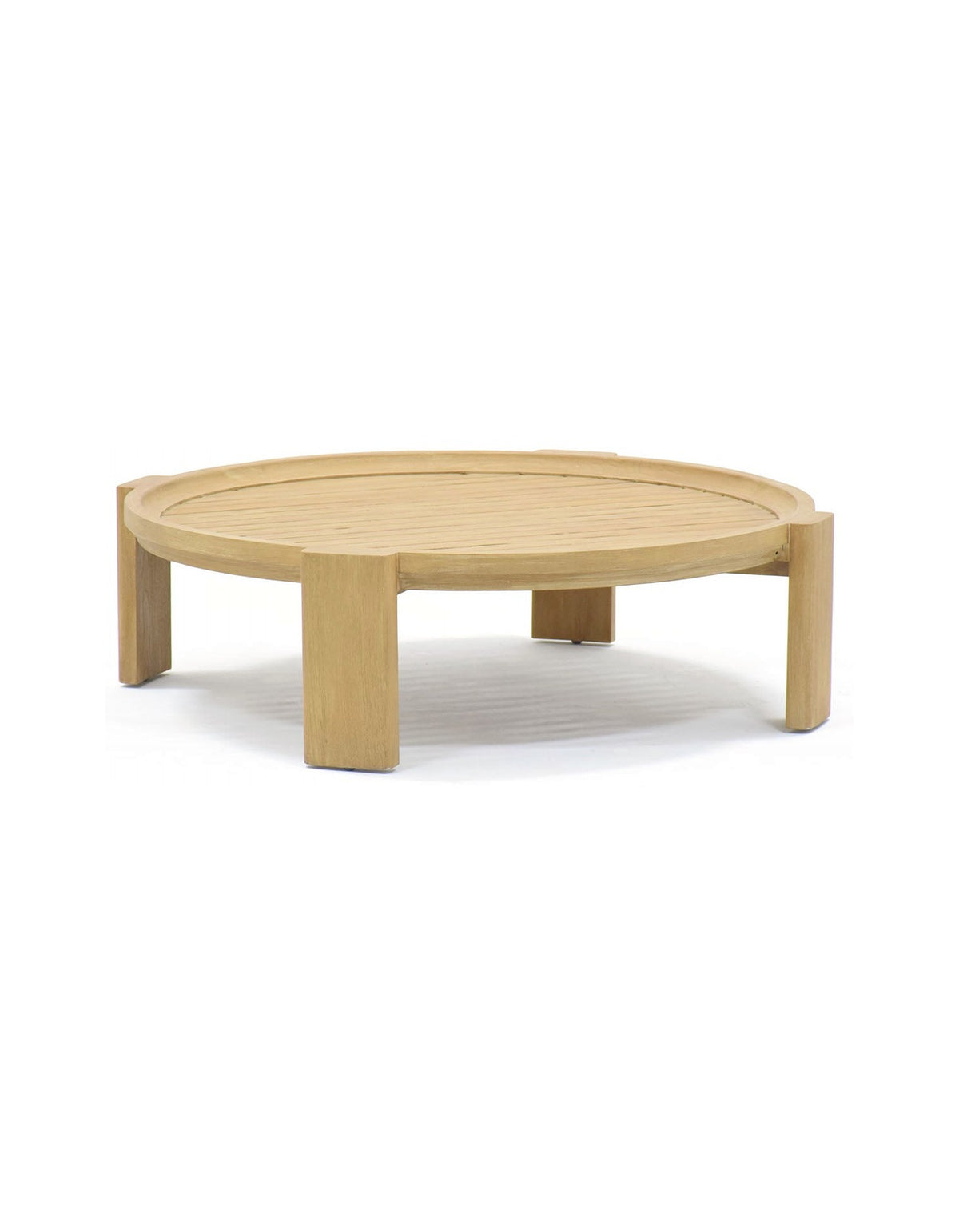 Wategos Coffee Table in natural teak – round slatted outdoor coffee table