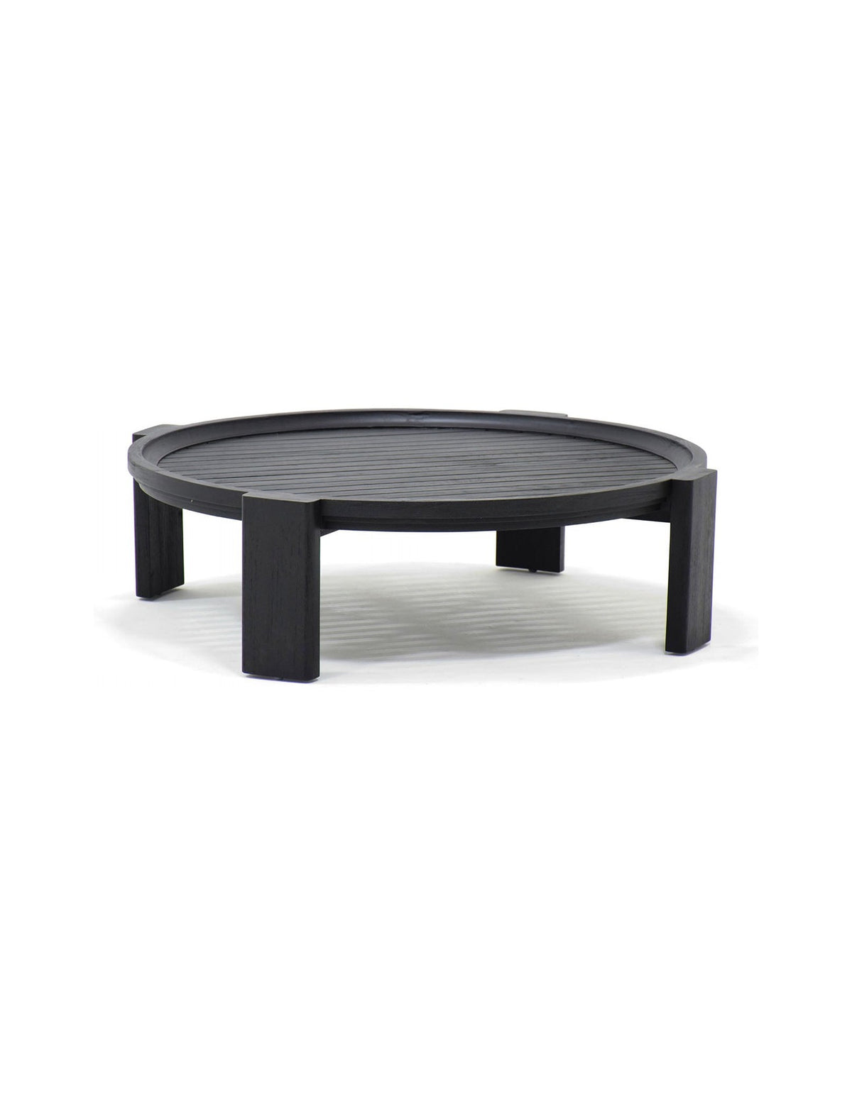 Wategos Coffee Table in black teak – round slatted outdoor coffee table