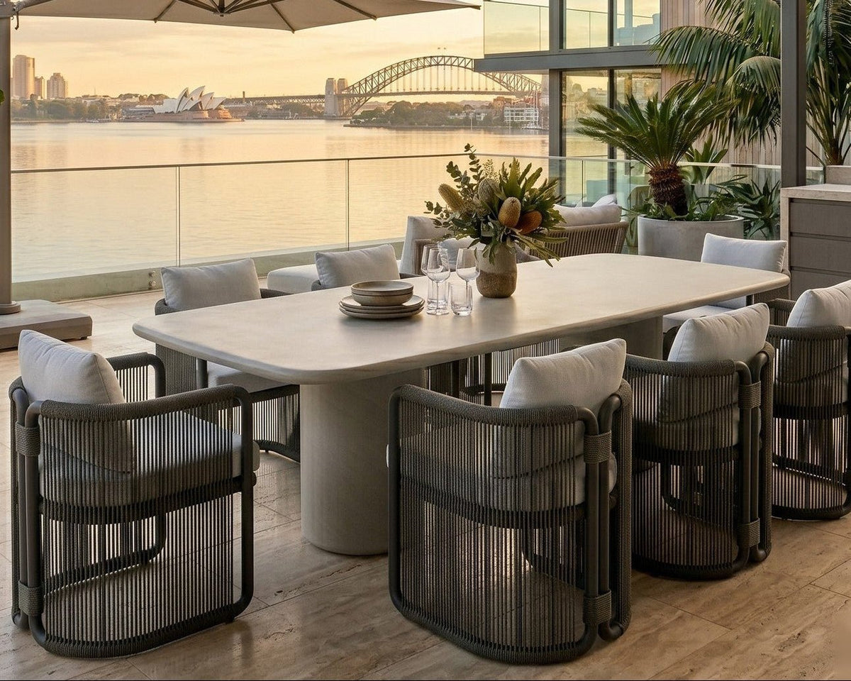 Byron Rectangular Dining Table set for lunch on a harbourside terrace