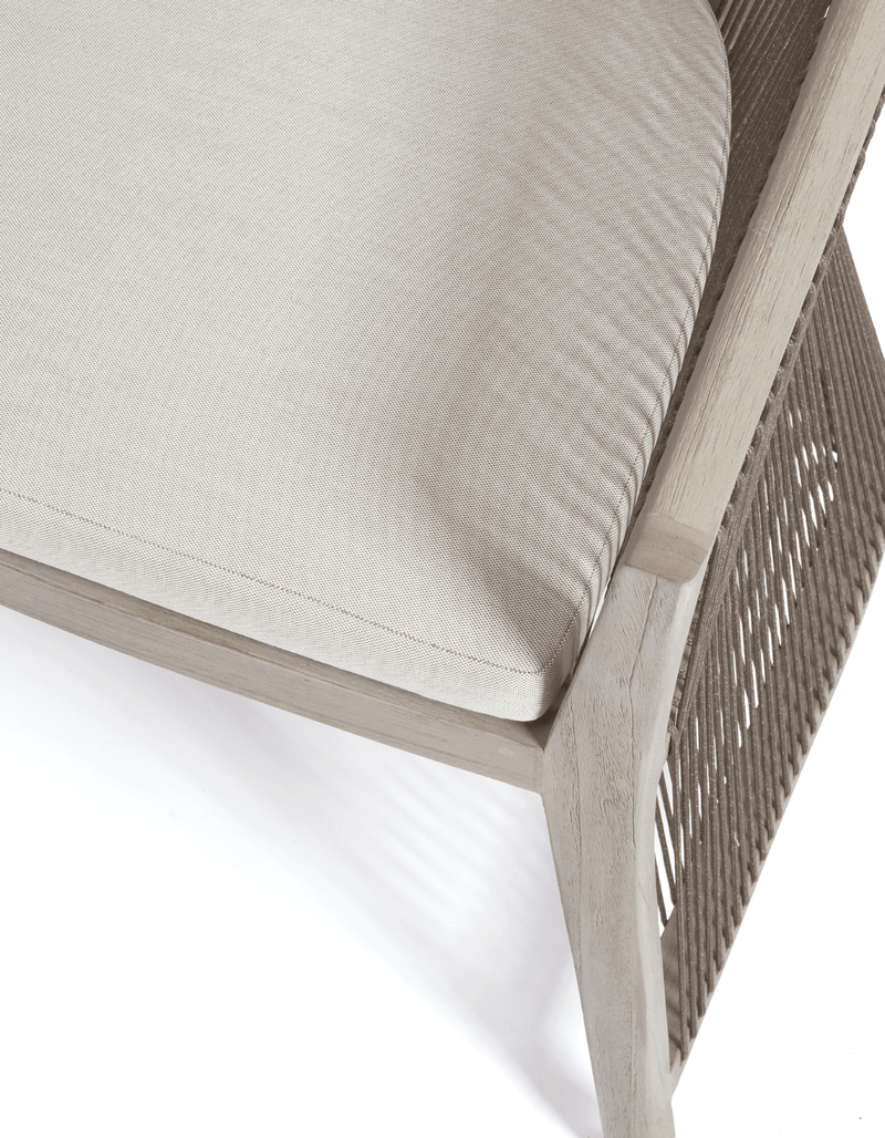 A close up image of the SIssonne Outdoor Eden Dining chair showing the material in canvas sand