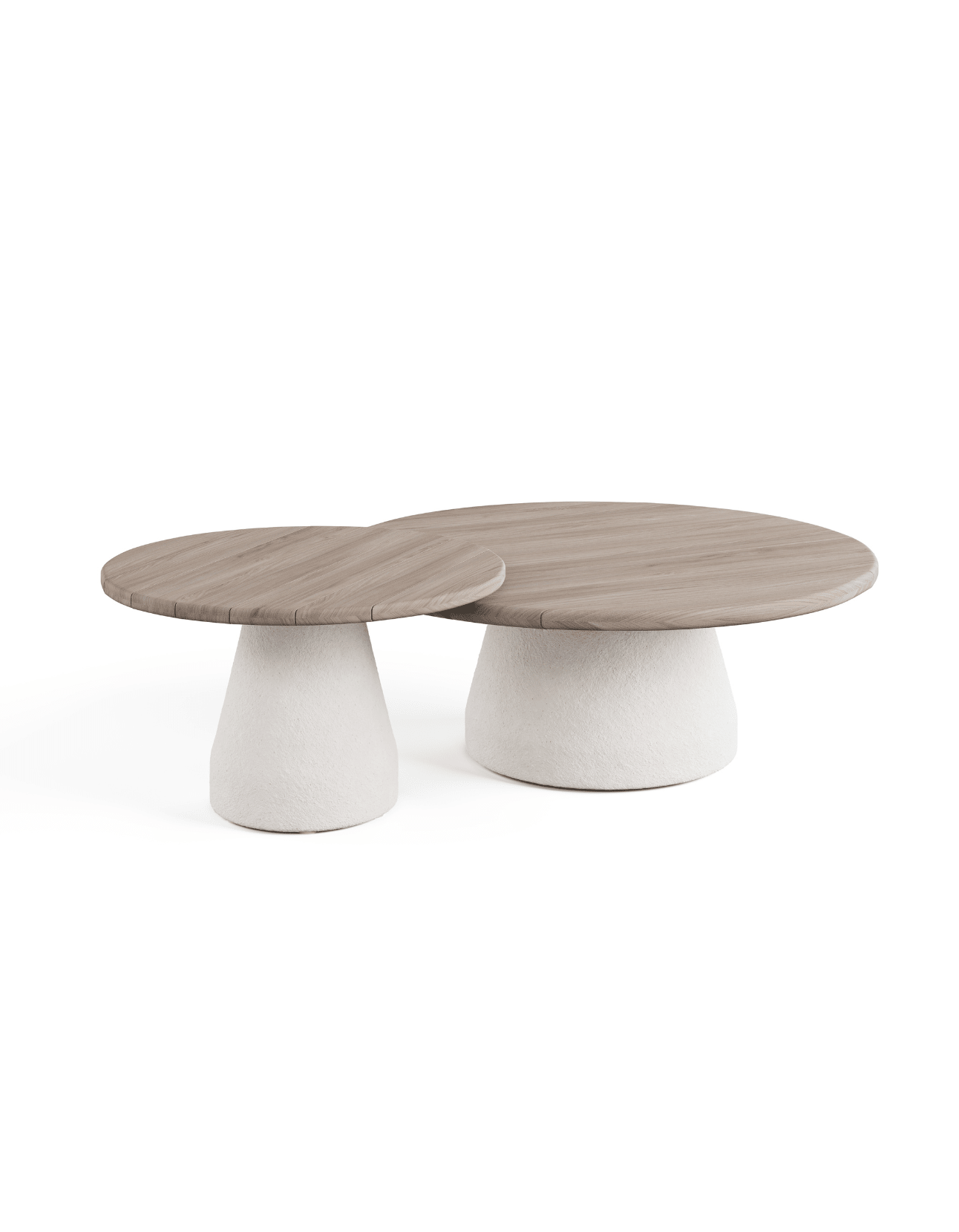 A teak side and coffee table side by side in aged teak