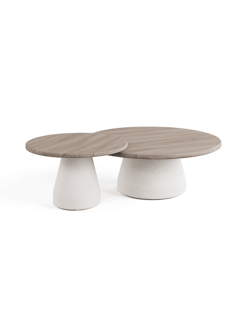 A teak side and coffee table side by side in aged teak