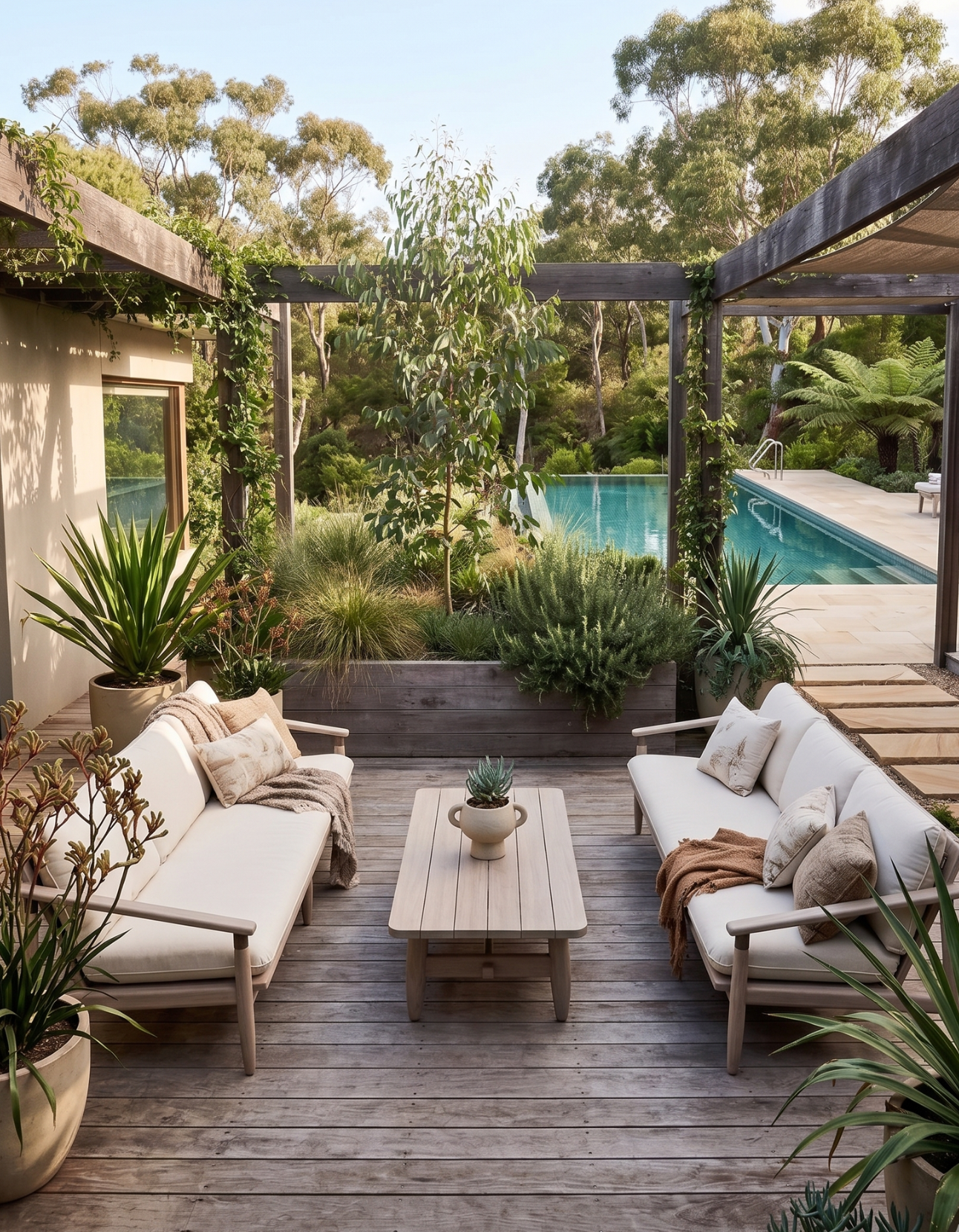 Outdoor patio with wooden furniture, plants, and a pool in the background