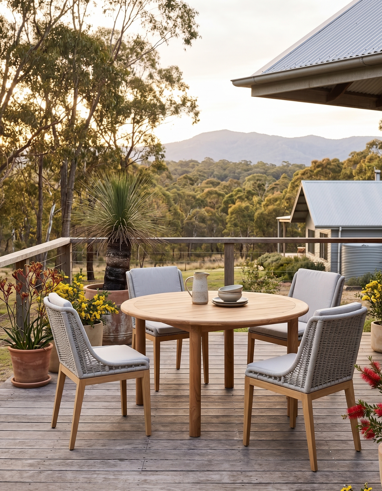 Outdoor dining area with wooden table and chairs on a deck, surrounded by nature.