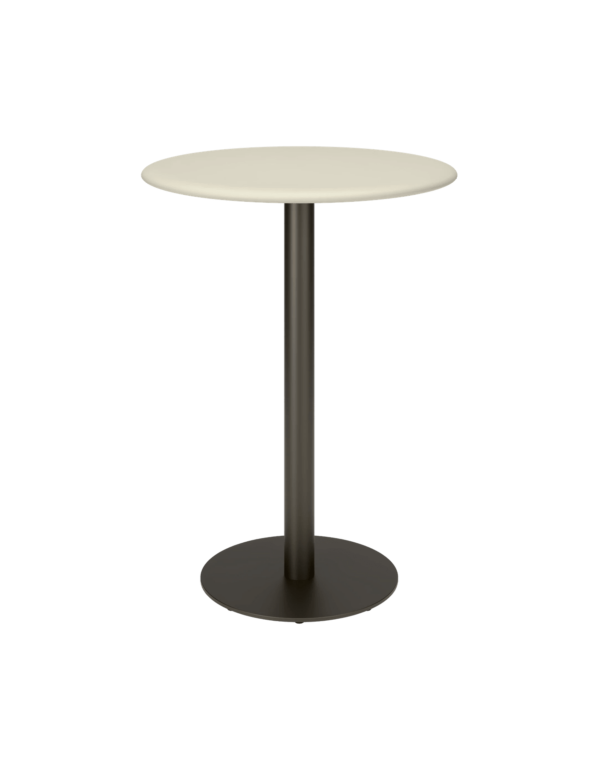 Byron Round Bar Table 80cm in Limestone – warm off-white concrete outdoor bar table with a bronze aluminium pedestal base