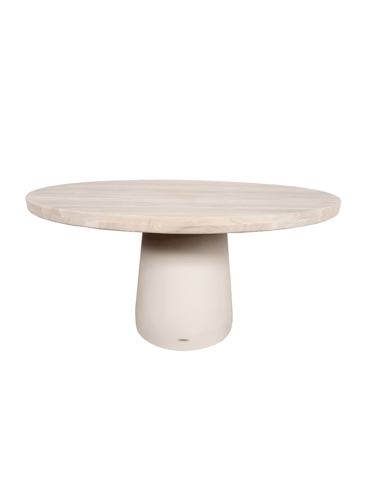 Round table with a light wood top and white cylindrical base on a white background
