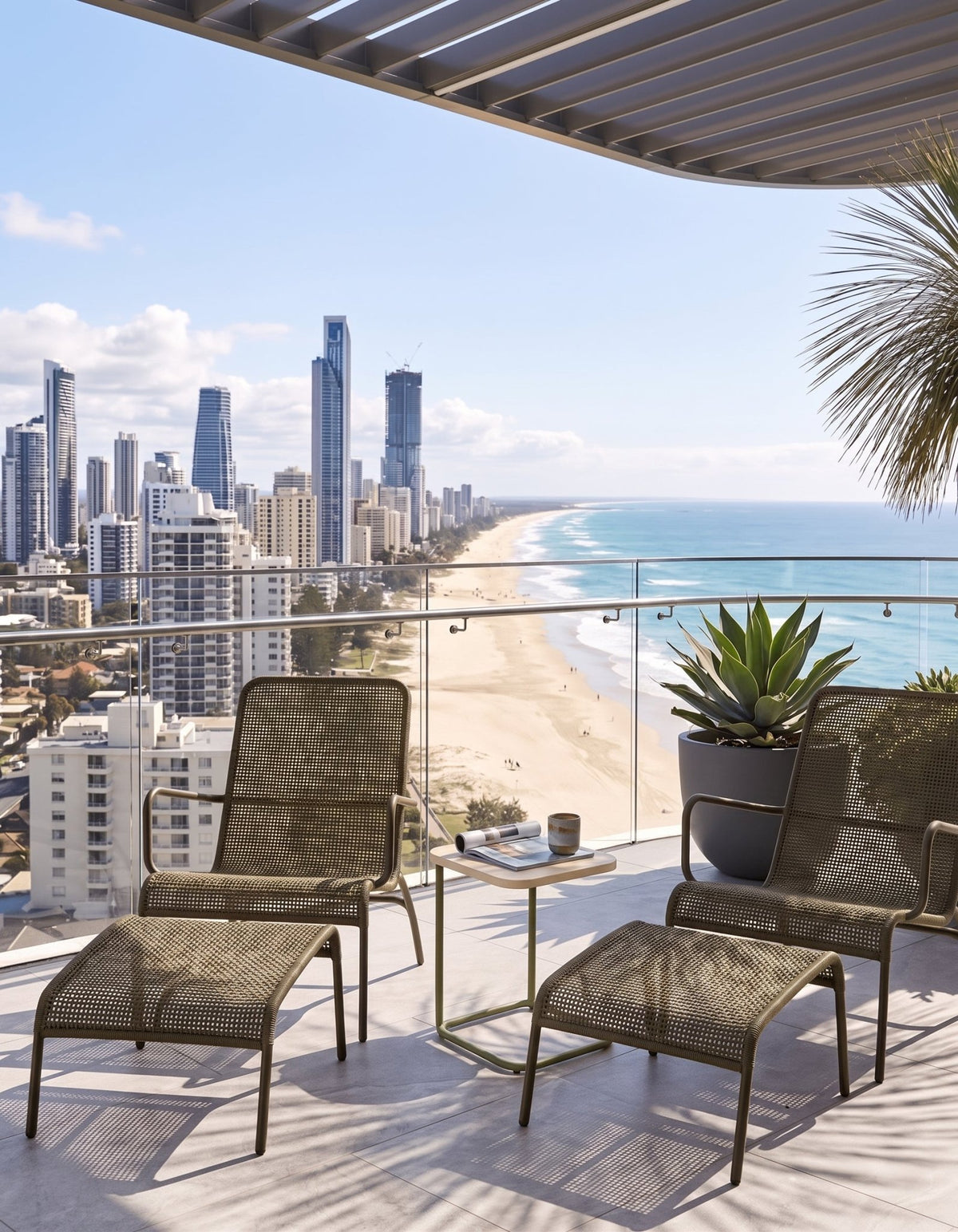 Two Ningaloo Sunlounges on a beachfront apartment balcony overlooking the ocean and city skyline