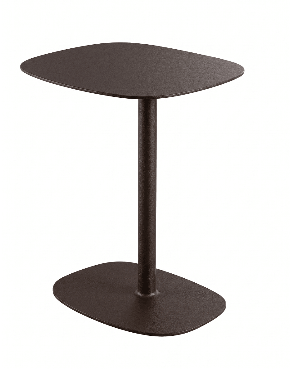 A modern dark brown side table with a rounded, organic-shaped top and a single central pedestal base, shown on a plain white background.