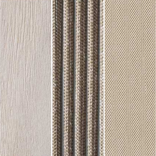 Three different swatches in aged teak, camel rope, and sand fabric