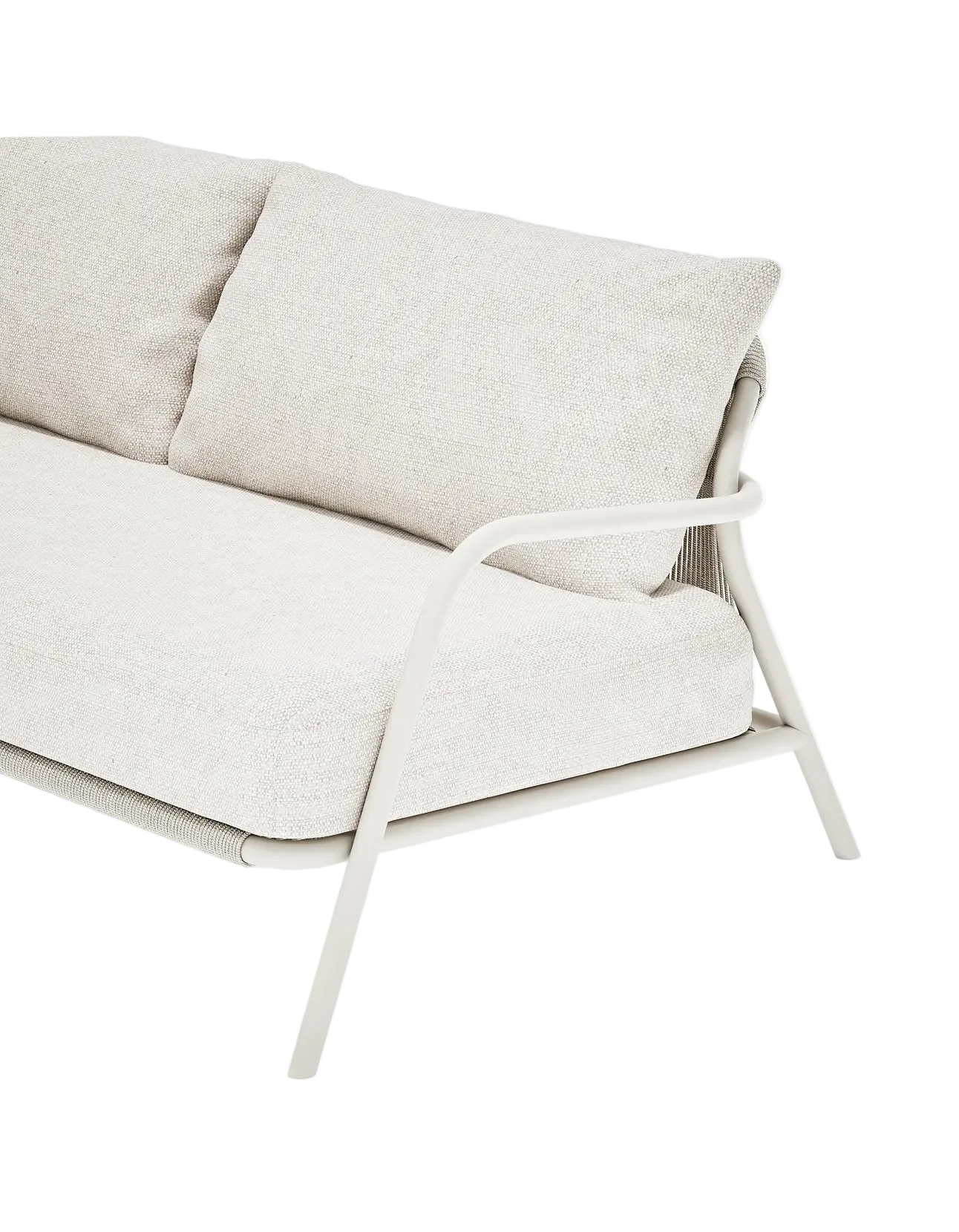 Airlie 185cm Sofa in Dove Grey, rope and aluminium, front detail