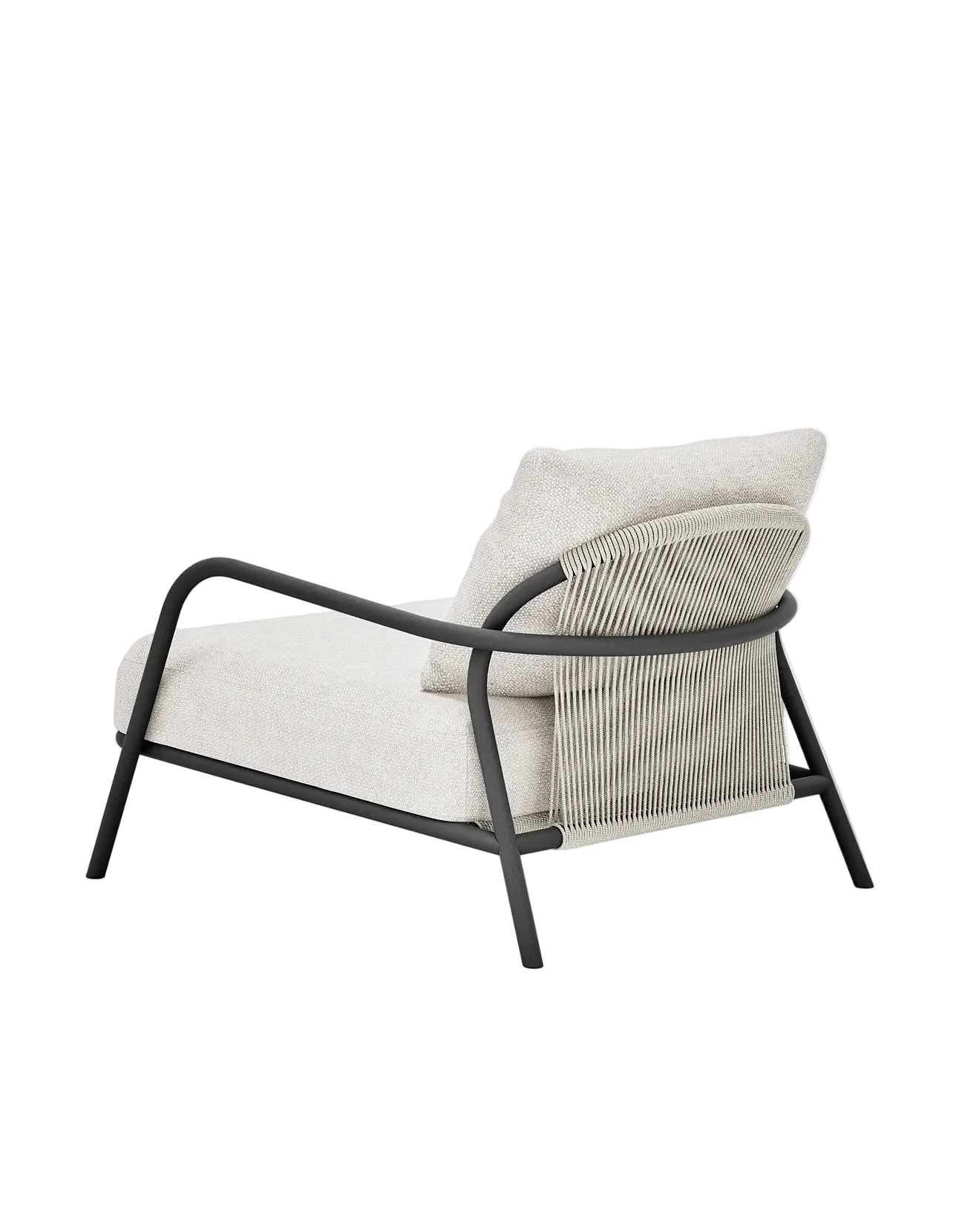 Airlie Lounge Chair in Dark Earth, rope and aluminium, angled back view