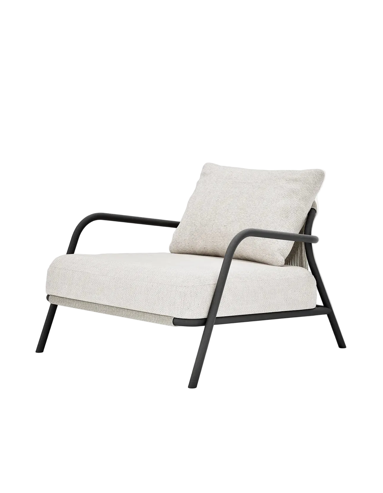 Airlie Lounge Chair in Dark Earth, rope and aluminium, angled front view