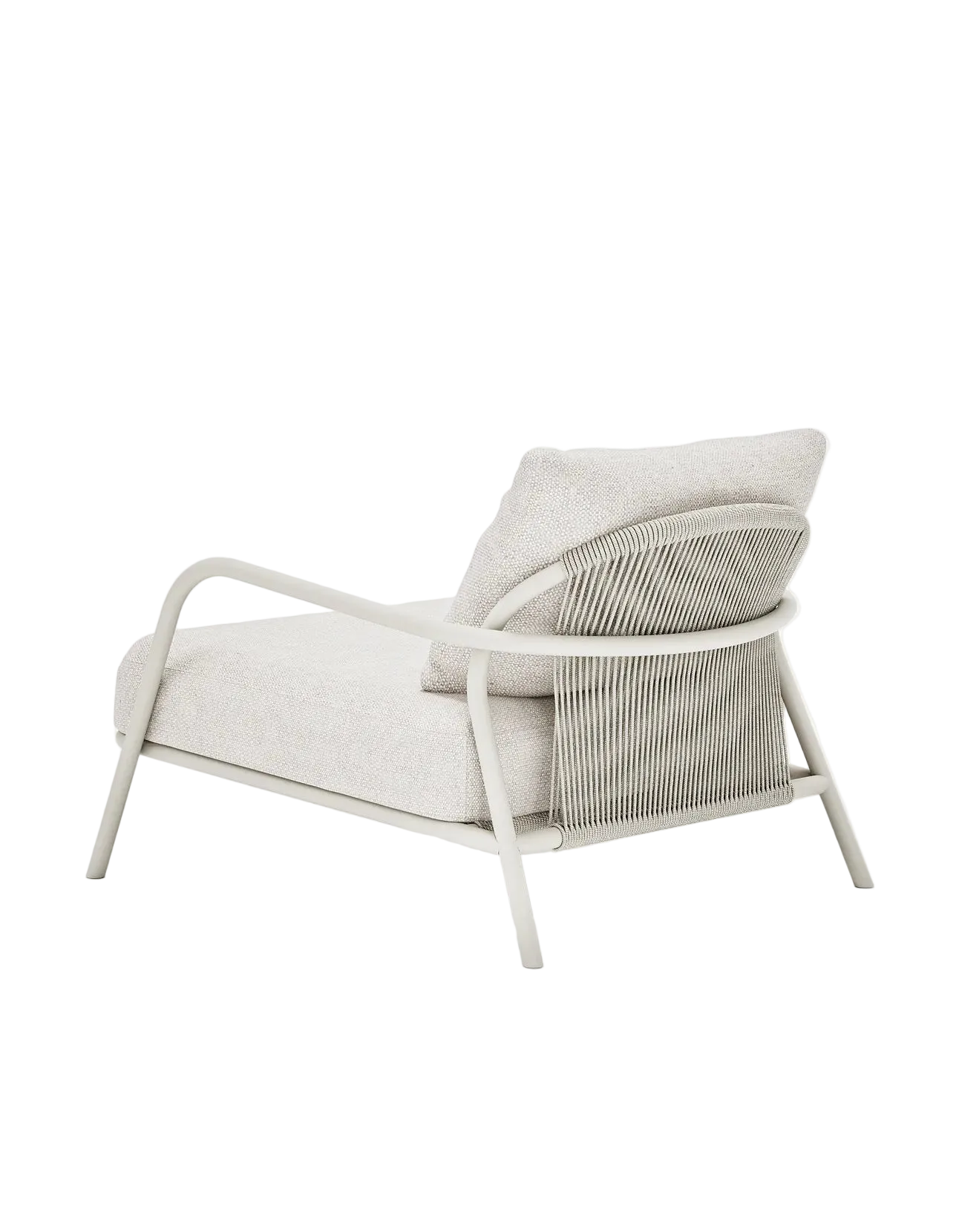 Airlie Lounge Chair in Dove Grey, rope and aluminium, angled back view