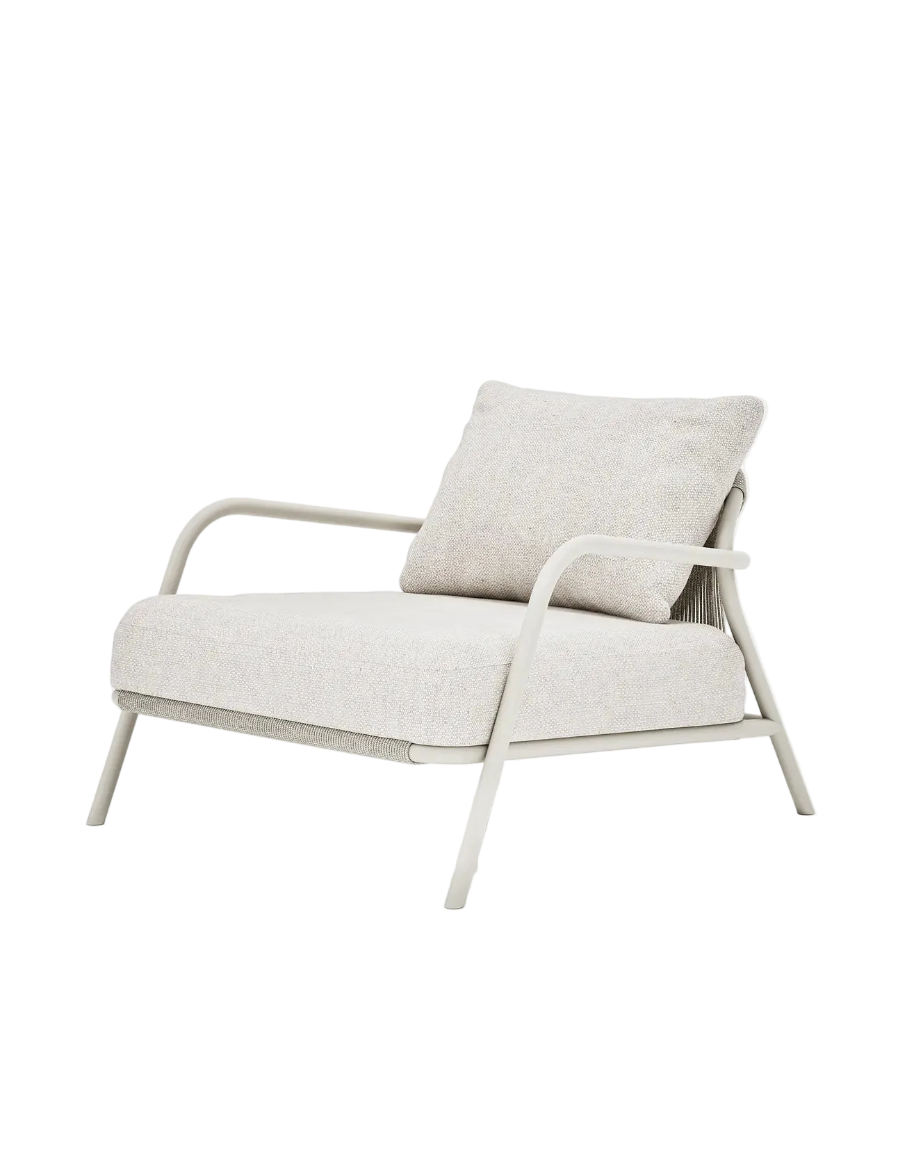 Airlie Lounge Chair in Dove Grey, rope and aluminium, angled front view