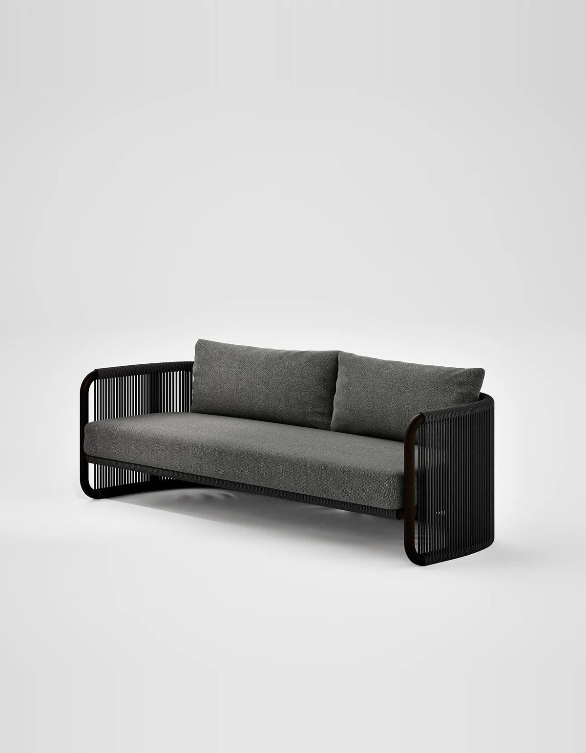 Capri 3 Seat Sofa in Dark Earth, rope and aluminium, angled front view