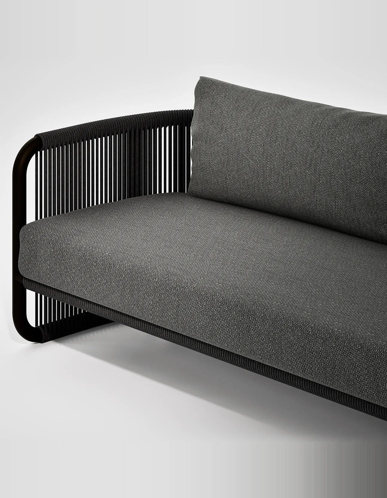 Capri 3 Seat Sofa in Dark Earth, rope and aluminium, front detail