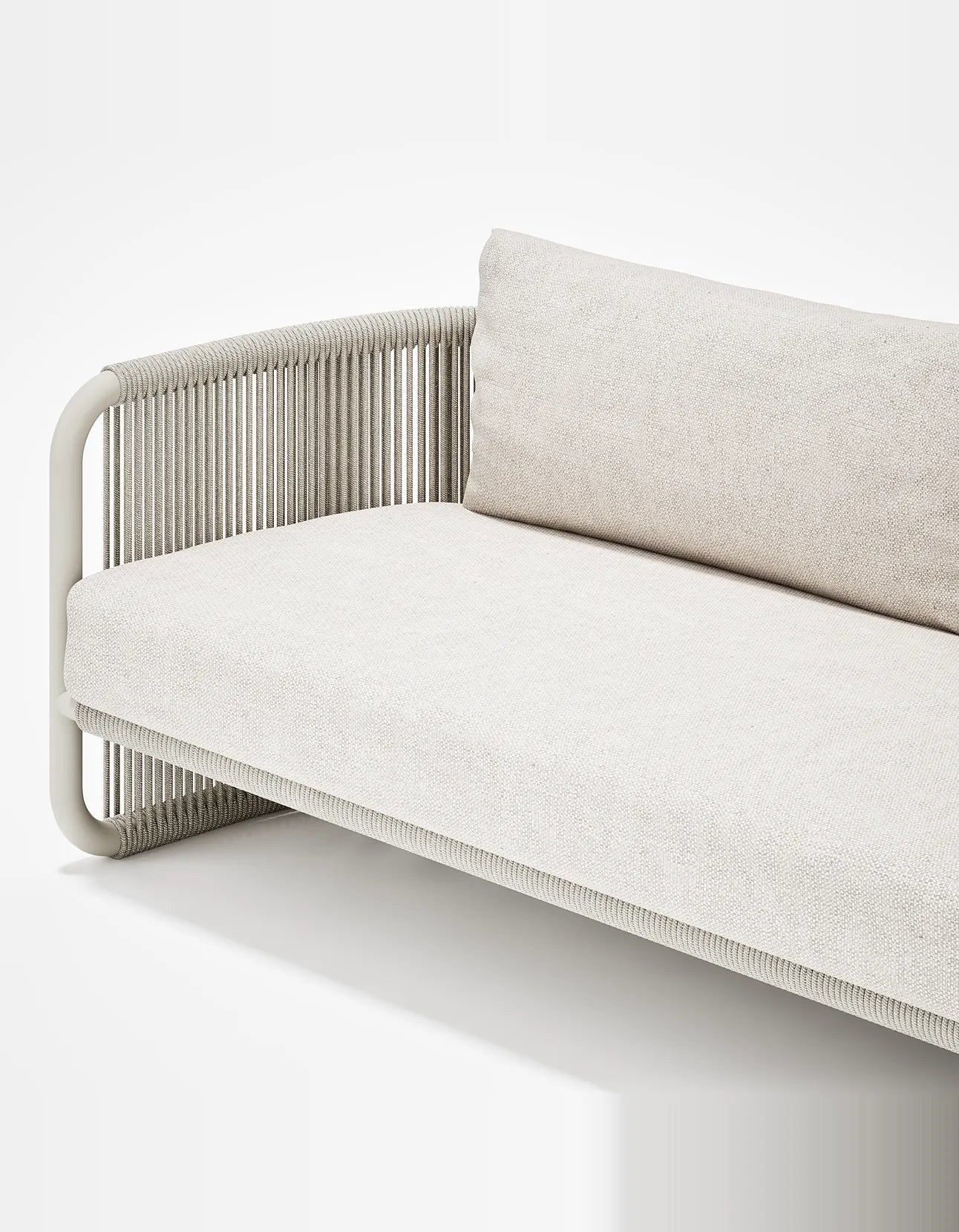 Capri 3 Seat Sofa in Dove Grey, rope and aluminium, front detail
