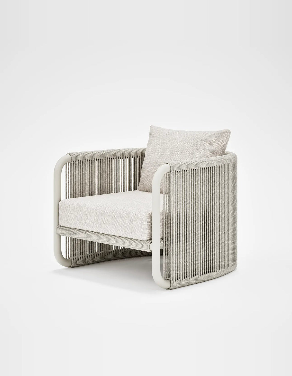Capri Lounge Chair in Dove Grey, rope and aluminium, angled front view