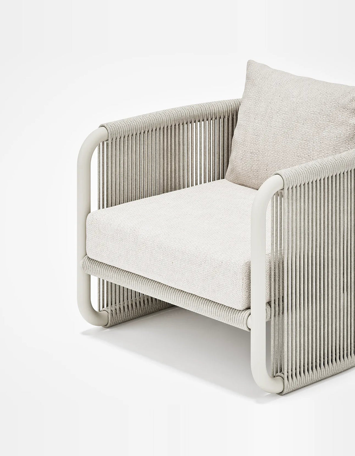 Capri Lounge Chair in Dove Grey, rope and aluminium, front detail