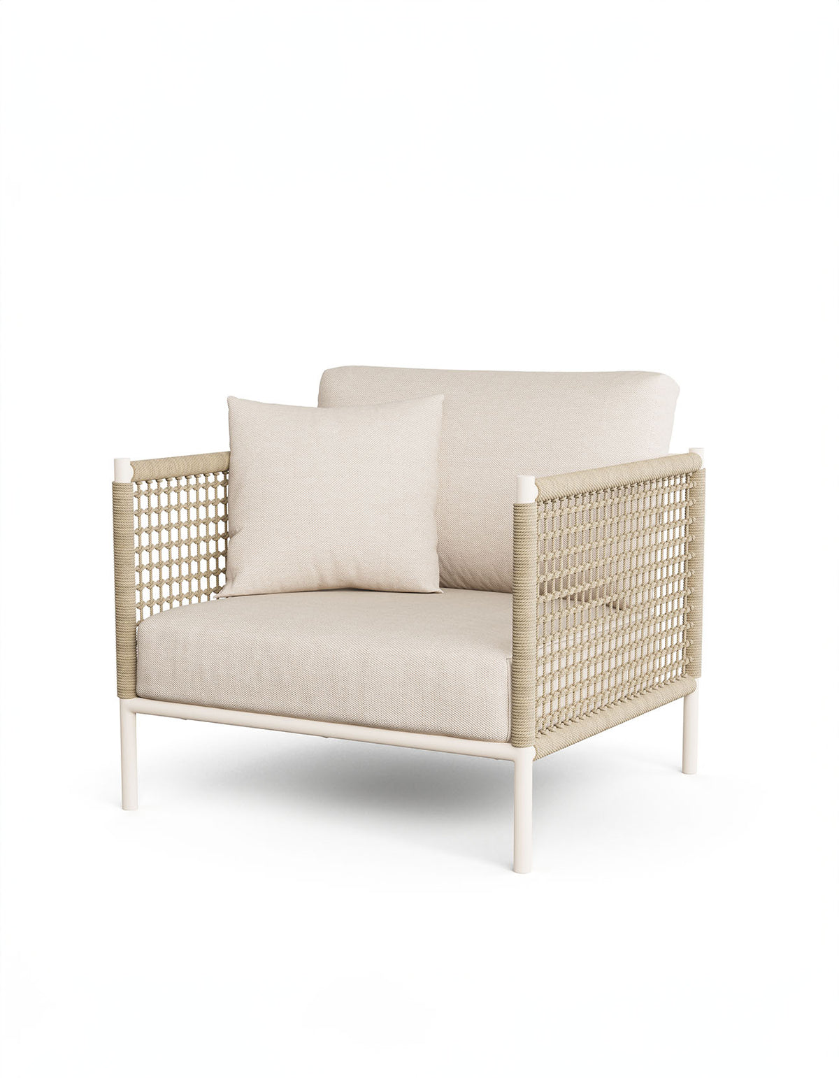 Cottesloe Lounge Chair in Sand rope with Old White frame and Sand cushions, front view