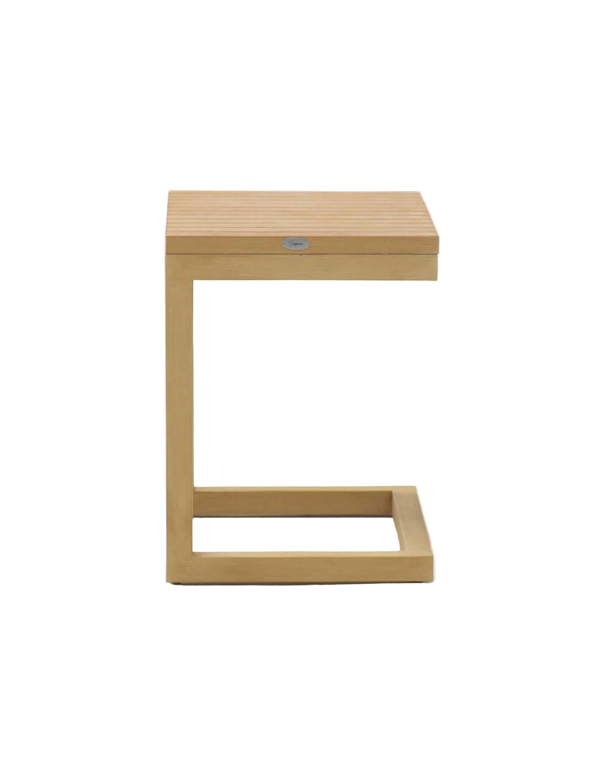 Elwood Sofa Table in full teak – C-shaped side table that slides under a sofa, front view