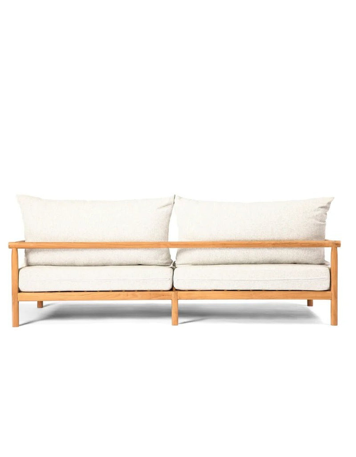 Jan Juc Sofa in teak with ivory cushions, front view