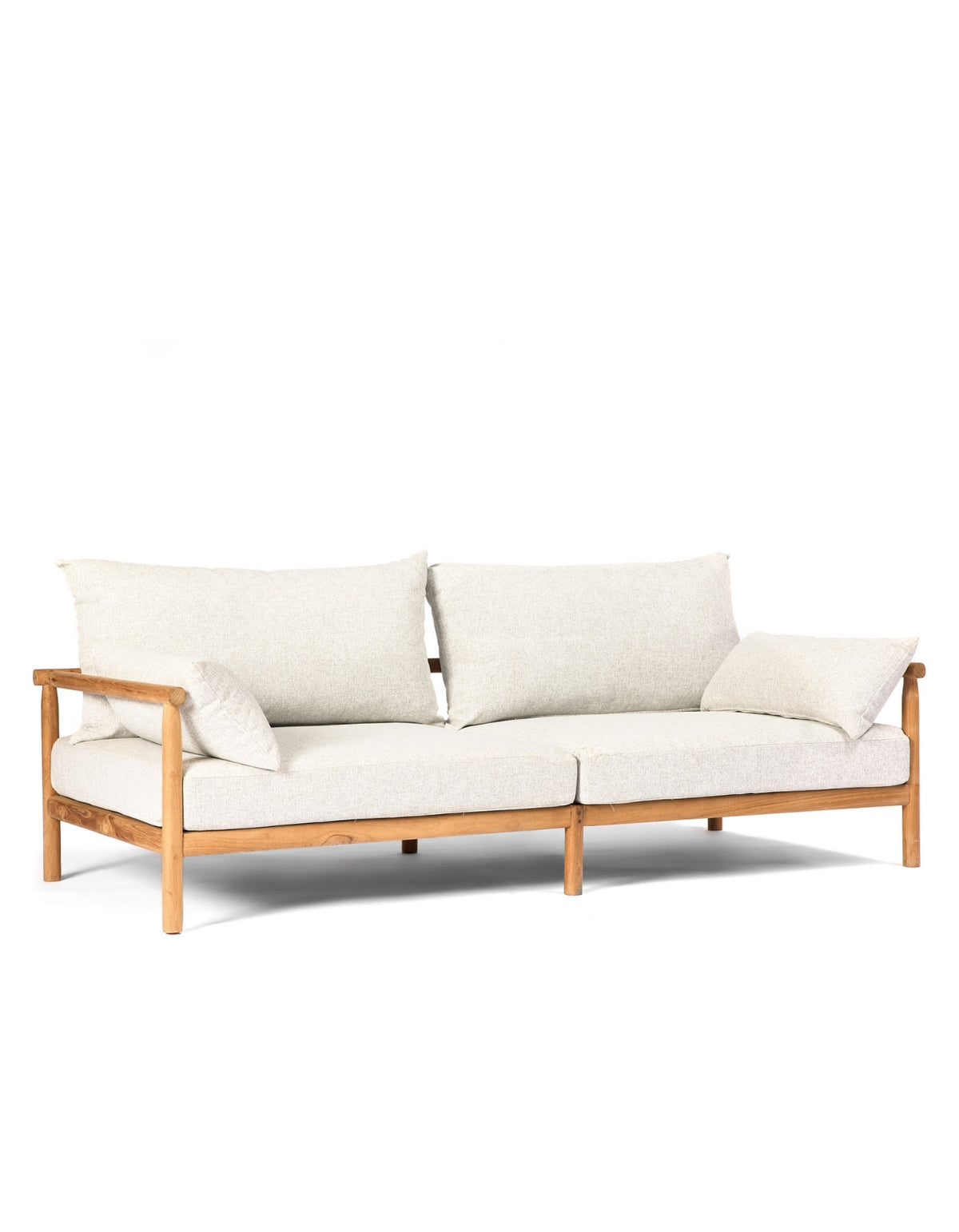 Jan Juc Sofa – solid teak outdoor sofa with ivory cushions, angled view
