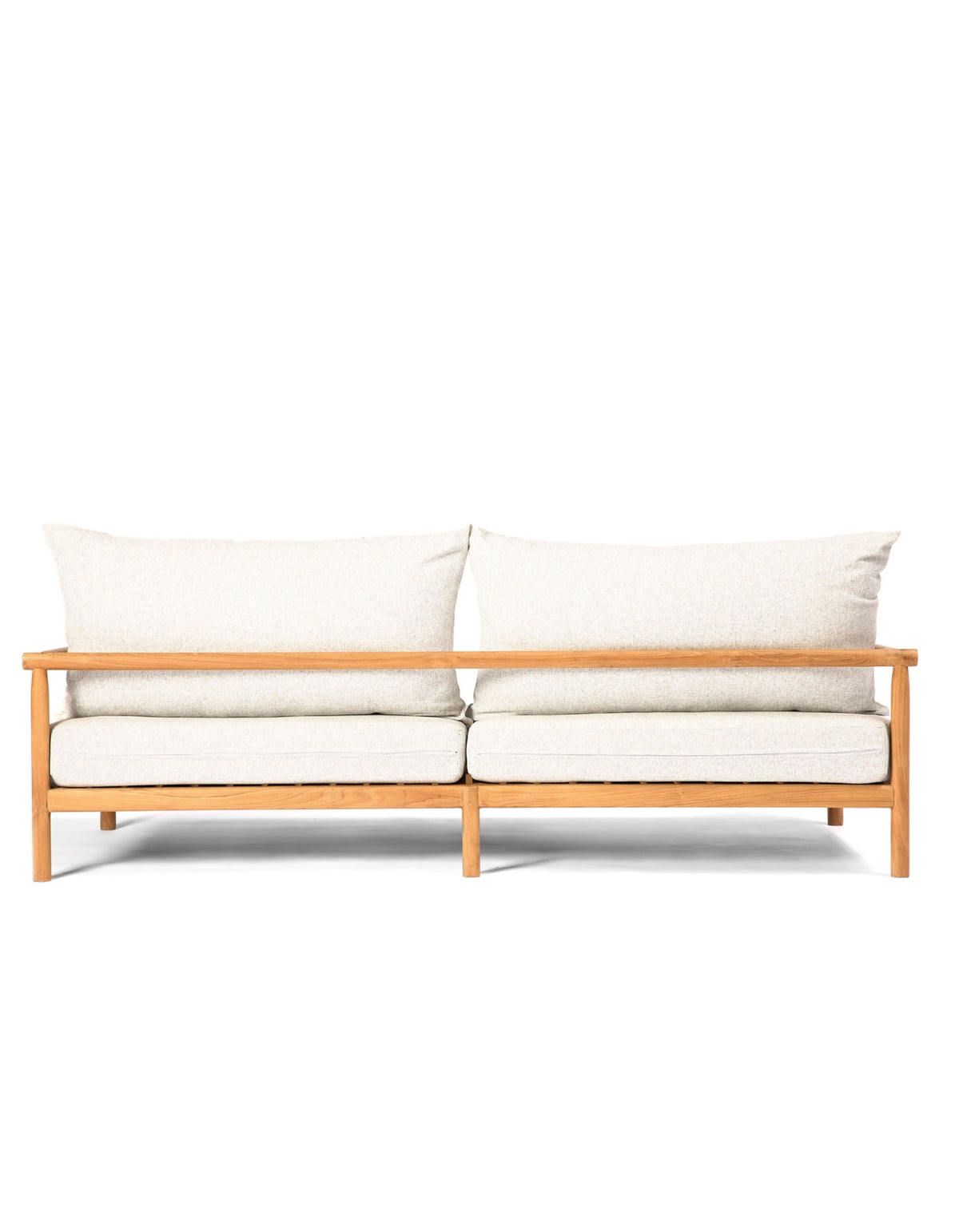 Jan Juc Sofa – solid teak outdoor sofa with ivory cushions, front view