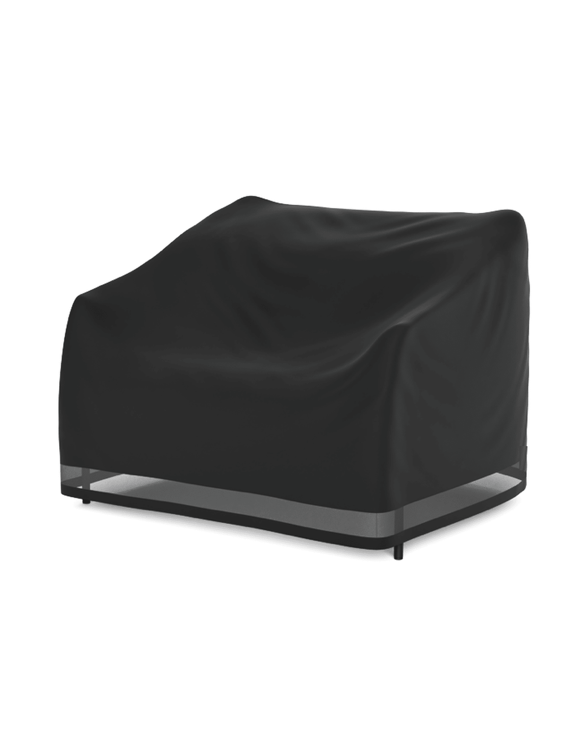 A black outdoor furniture cover, shown fitted over a bench or lounge chair, on a solid white background.