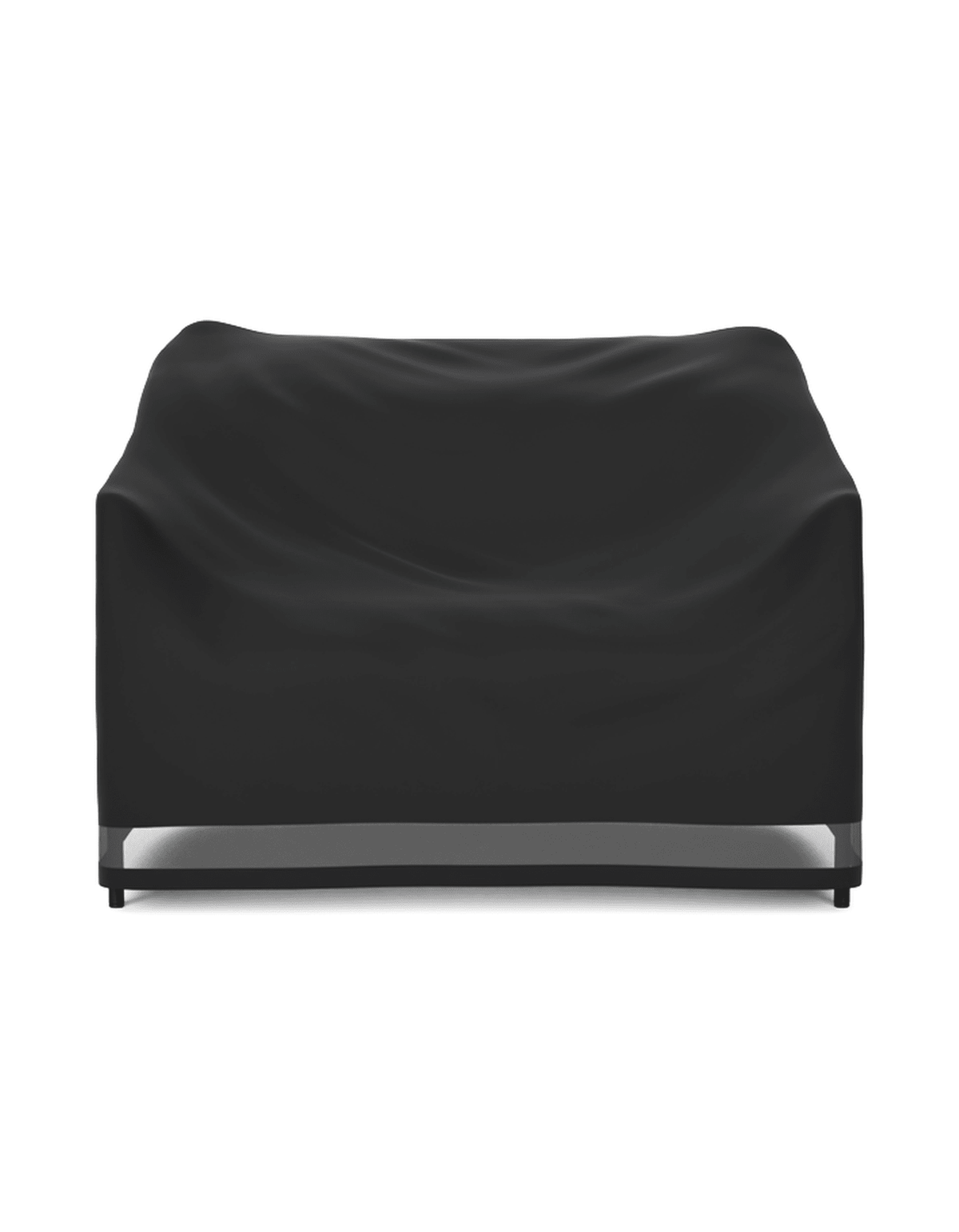 A black outdoor sofa cover draped over a two-seater sofa, shown from the front against a plain white background.